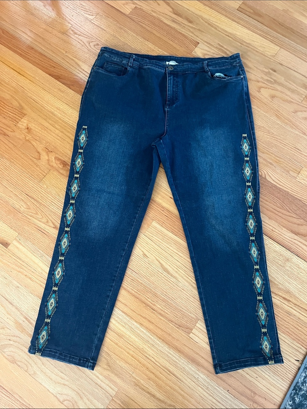 Embroidered Side-Stripe Straight Leg Jeans - Dark Blue